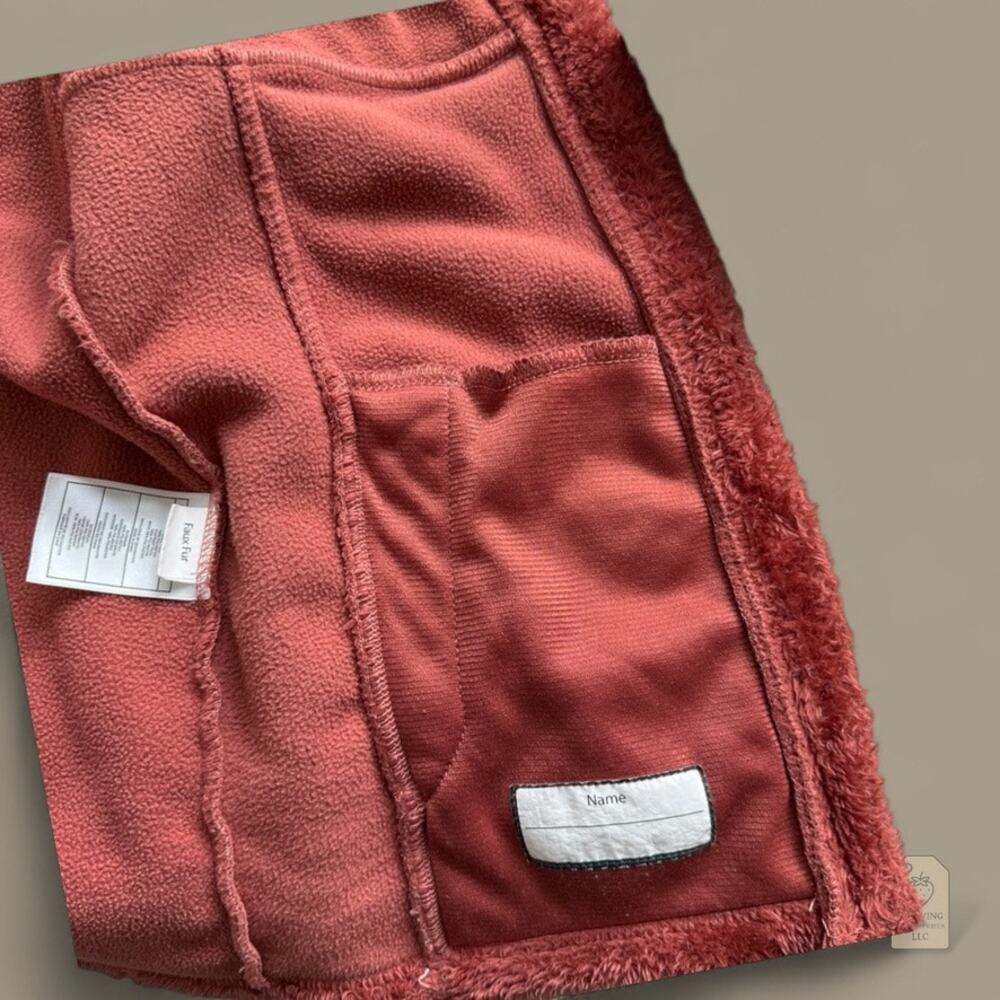 DKNY Sport Girls Faux Fur Hoodie Jacket L 14/16 Coral Rust Zip Front Sherpa - Picture 7 of 9